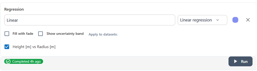 Regression settings panel showing a Linear regression configured for the Height vs Radius dataset